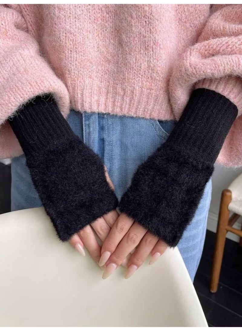 Fingerless Hand Warmers Gloves, 2 Pieces Soft Cashmere Warm Winter Gloves Black - Image 5